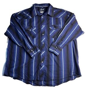 Vtg Wrangler Western Pearl Snap Men Shirt‎ Size 19X35 Striped Faded Blue